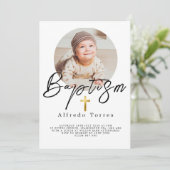 Minimalistische Baby-Taufe Einladung mit Foto (Stehend Vorderseite)