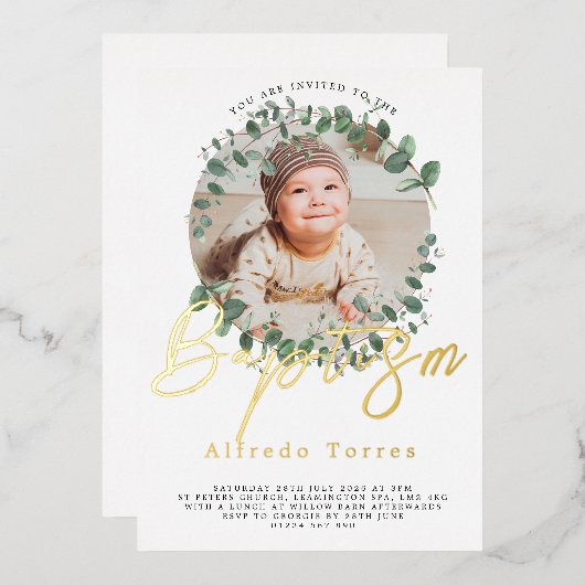 Minimalistische Baby-Taufe Einladung mit Foto (Vorderseite/Rückseite)