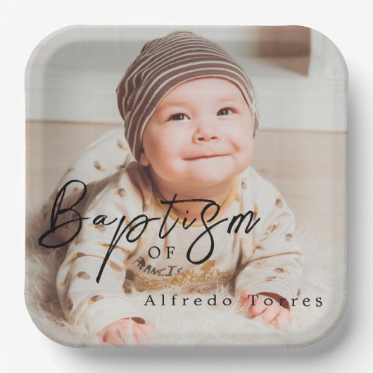 Minimalistische Baby-Taufe Einladung mit Foto Pappteller (Vorderseite)