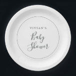 Minimalistische Babydusche Pappteller<br><div class="desc">Diese minimalistische Babyduschplatte eignet sich perfekt für eine einfache Babydusche. Das moderne romantische Design besticht durch klassische schwarz-weiße Typografie gepaart mit einer rustikalen und eleganten Kalligraphie mit Vintagem handgeschriebenem Stil. Anpassbar in jeder Farbe. Behalt das Design einfach und elegant, wie es ist, oder personalisiere es durch Hinzufügen von eigenen Grafiken...</div>