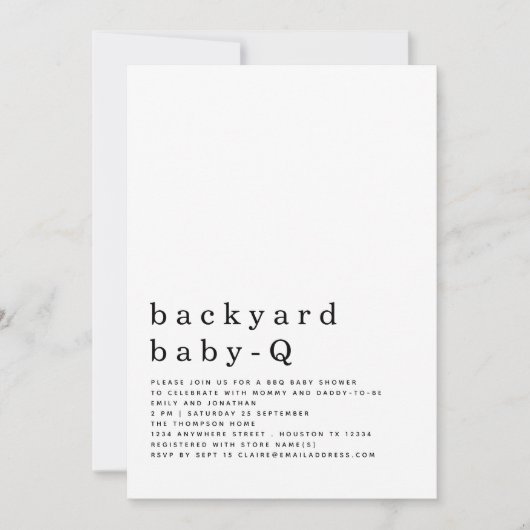 Minimalistische Backyard Baby Q GRILLEN Dusche Einladung (Vorderseite)