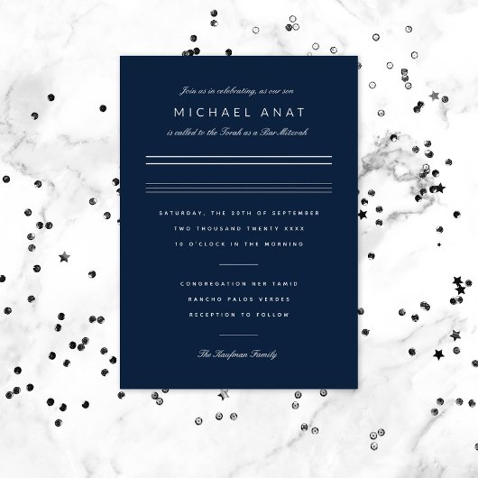 Minimalistische Bar Mitzvah Navy Blue Silver Folieneinladung