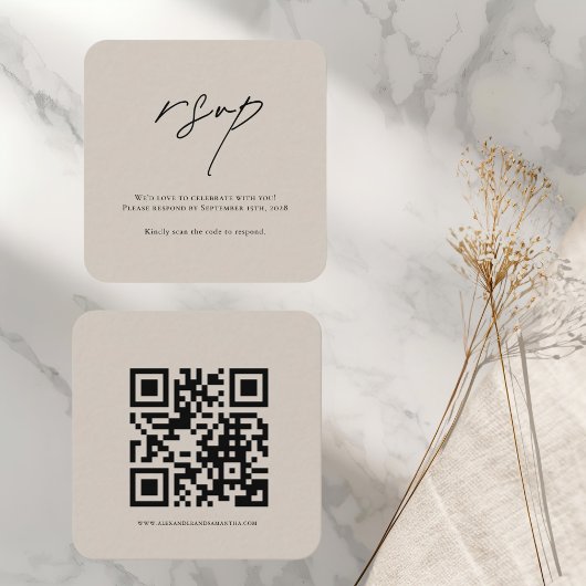 Minimalistische Beige-Hochzeitkarte mit QR-Code Begleitkarte