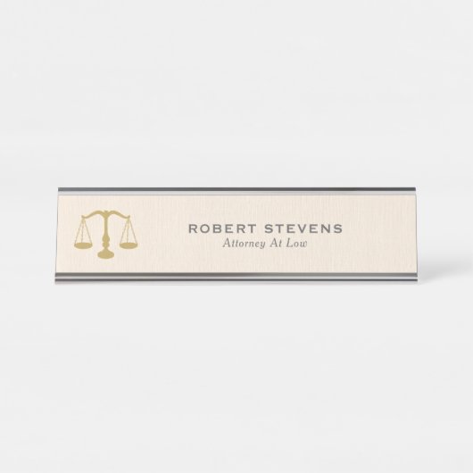 Minimalistische Beige Leinen & Gold Justice Scale Schreibtischnamensplakette (Vorderseite )