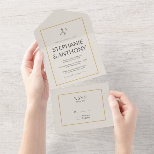 Minimalistische Beige-Monogramm-Wildblume All In One Einladung (Abreißen)