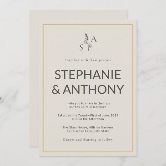 Minimalistische Beige-Monogramm-Wildblume Einladung (Vorne/Hinten)
