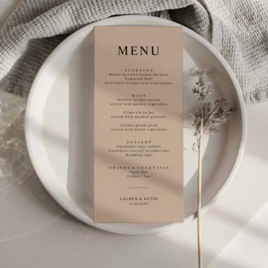 Minimalistische Beige Simple Wedding Menu Card Menükarte