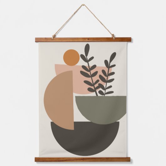 Minimalistische Beige und grünes Botanisches Wandteppich Mit Holzrahmen (Vorderseite)