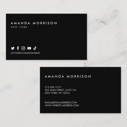 Minimalistische Berufliche Social Media Black Visitenkarte (Vorne/Hinten)