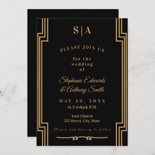 Minimalistische Black and Gold Art Deco Hochzeit Einladung (Vorne/Hinten)