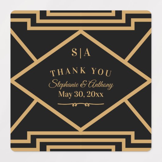 Minimalistische Black and Gold Art Deco Hochzeit Etiketten (Design 1)