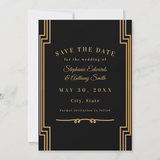 Minimalistische Black and Gold Art Deco Hochzeit Save The Date (Vorderseite)