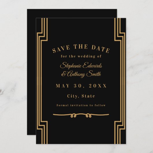 Minimalistische Black and Gold Art Deco Hochzeit Save The Date (Vorne/Hinten)