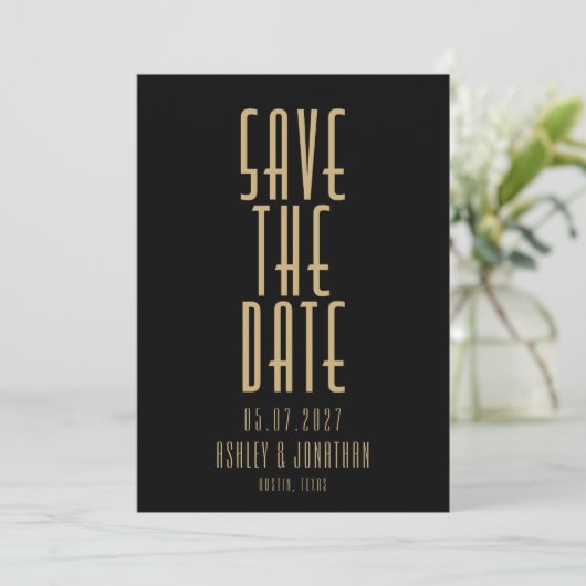 Minimalistische Black Gold Art Deco Hochzeit Save The Date (Stehend Vorderseite)