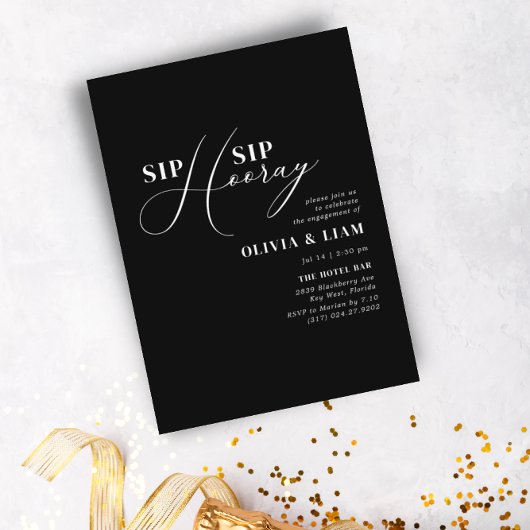 Minimalistische Black Sip Hooray-Engagement-Partei Einladung