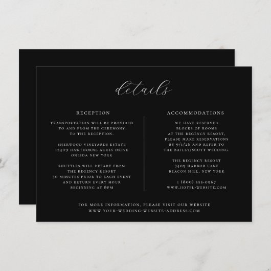 Minimalistische Black Wedding Details Card Einladung (Vorne/Hinten)