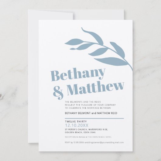 Minimalistische Blätter mit grauem Olivenöl Hochze Einladung (Vorderseite)