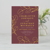 Minimalistische Blätter Moderne Stilvolle Burgund Folieneinladung (Stehend vorne)