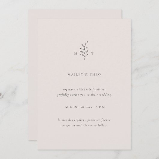 Minimalistische Blätter Rosa Schwarze Hochzeit Ein Einladung (Vorne/Hinten)