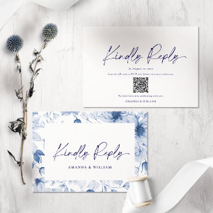 Minimalistische blaue Blumen-RSVP-Karte – QR-Code Begleitkarte