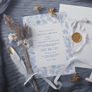 Minimalistische blaue elegante Blumen-Hochzeits-QR Einladung