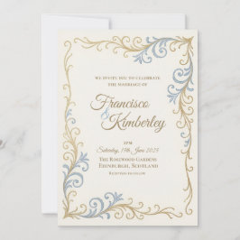 Minimalistische blaue goldene florale Hochzeitsein Einladung