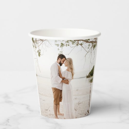 Minimalistische blaue Hochzeit mit Sand Pappbecher (Rückseite)