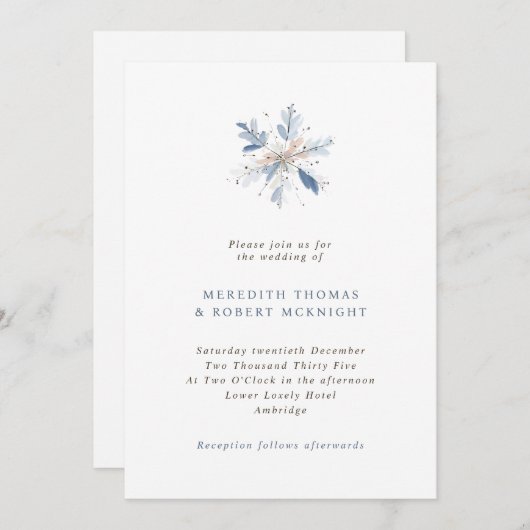 Minimalistische Blaue Schneeflocke Einladung (Vorne/Hinten)