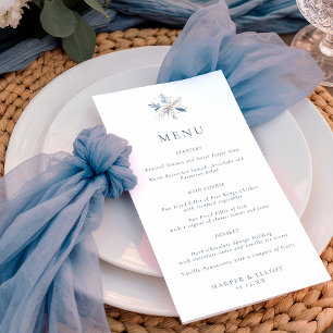 Minimalistische blaue Schneeflocken-Winterhochzeit Menükarte