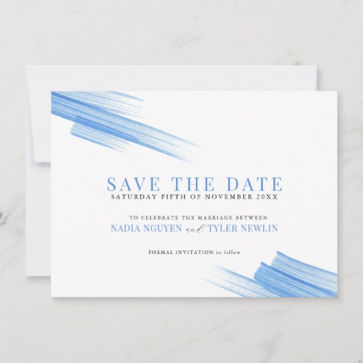 Minimalistische blaue Striche Foto Hochzeit Save The Date (Vorderseite)