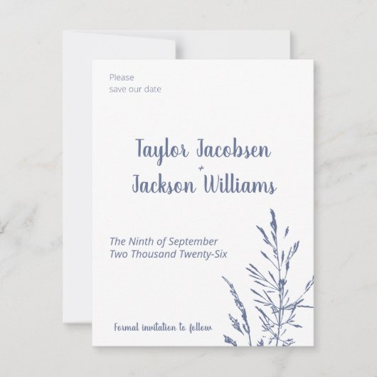 Minimalistische blaue und weiße Hochzeit speichern (Vorderseite)