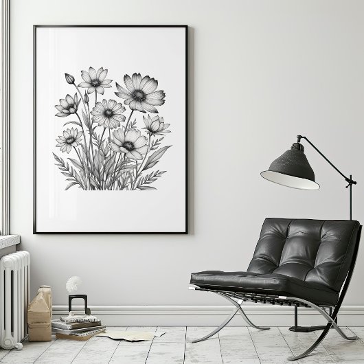 Minimalistische Bleistiftskizze für Sommerblüten Poster