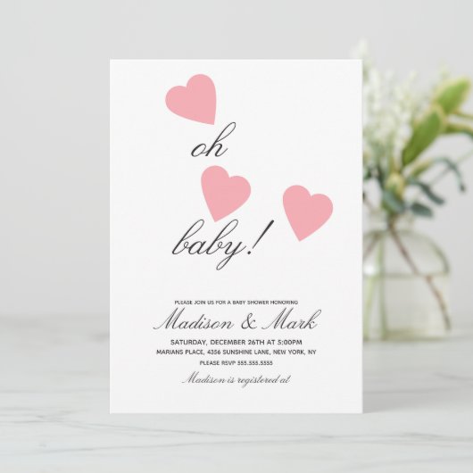 Minimalistische Blende Rosa Herz Babydusche Einladung (Stehend Vorderseite)