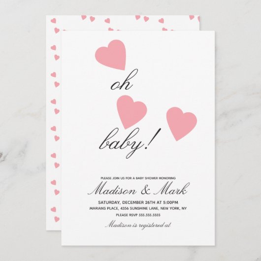 Minimalistische Blende Rosa Herz Babydusche Einladung (Vorne/Hinten)