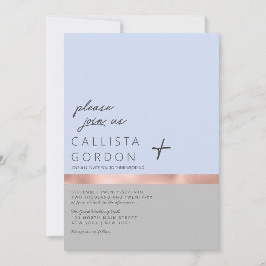 Minimalistische Blue Grey Rose Gold Farbblock Hoch Einladung (Vorderseite)
