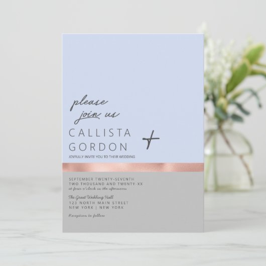 Minimalistische Blue Grey Rose Gold Farbblock Hoch Einladung (Stehend Vorderseite)