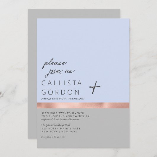Minimalistische Blue Grey Rose Gold Farbblock Hoch Einladung (Vorne/Hinten)