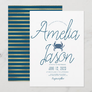 Minimalistische Blue Imitate Foil Script Crab Wedd Einladung