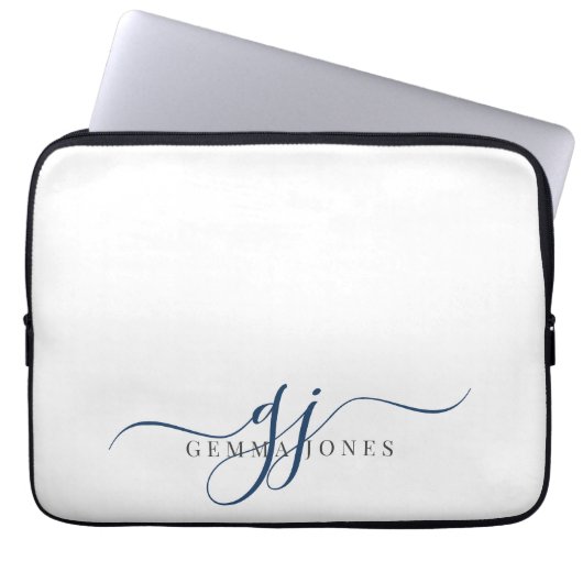 Minimalistische Blue Script Monogram Initials Laptopschutzhülle (Vorderseite)