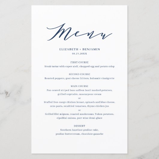 Minimalistische Blue Wedding Menu Card (Vorderseite)