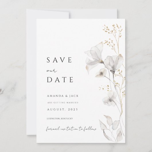 Minimalistische Blume und Gold Save the Date Einladung (Vorderseite)