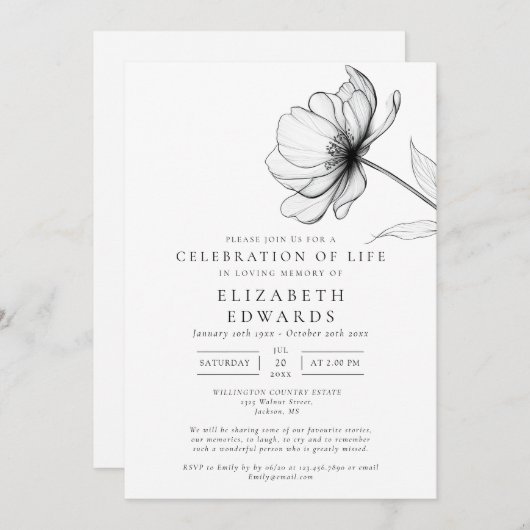 Minimalistische Blumenfeier zur Beerdigung des Leb Einladung (Vorne/Hinten)