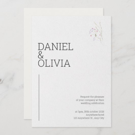 Minimalistische Blumenhochzeit in Weiß und Schwarz Einladung (Vorne/Hinten)