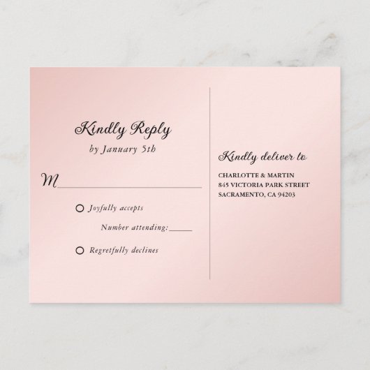 Minimalistische Blush and Black Wedding RSVP Postk Einladungspostkarte (Rückseite)