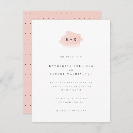 Minimalistische Blush Pink Wasserfarbeninitials Ho Einladungspostkarte (Vorne/Hinten)