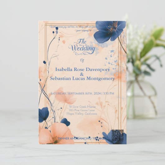 Minimalistische Bohemische Peach und Royal Blue We Einladung (Stehend Vorderseite)