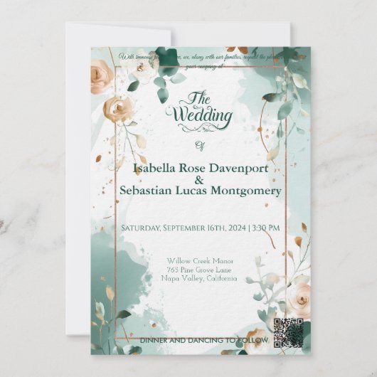 Minimalistische Bohemische Smaragd- und Rose-Gold- Einladung (Vorderseite)