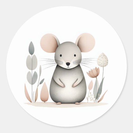Minimalistische Boho Adorable Mouse Blume Pflanze Runder Aufkleber (Vorderseite)