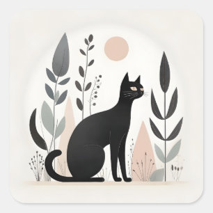 Minimalistische Boho Black Cat in einer waldreiche Quadratischer Aufkleber