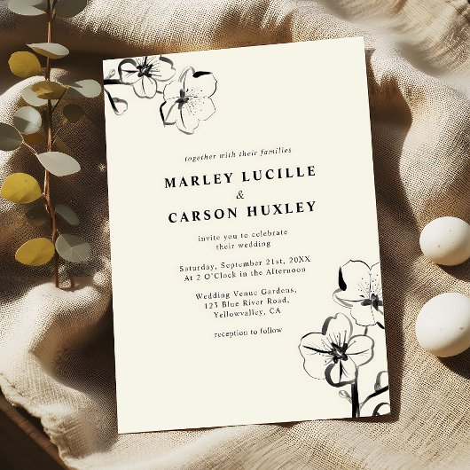 Minimalistische Boho Hand Drawn Floral Elfenbeinho Einladung